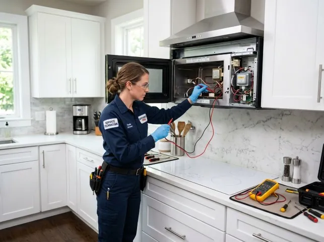 Appliance Repair Hero technician testing an over-the-range microwave in a Bolingbrook, IL kitchen